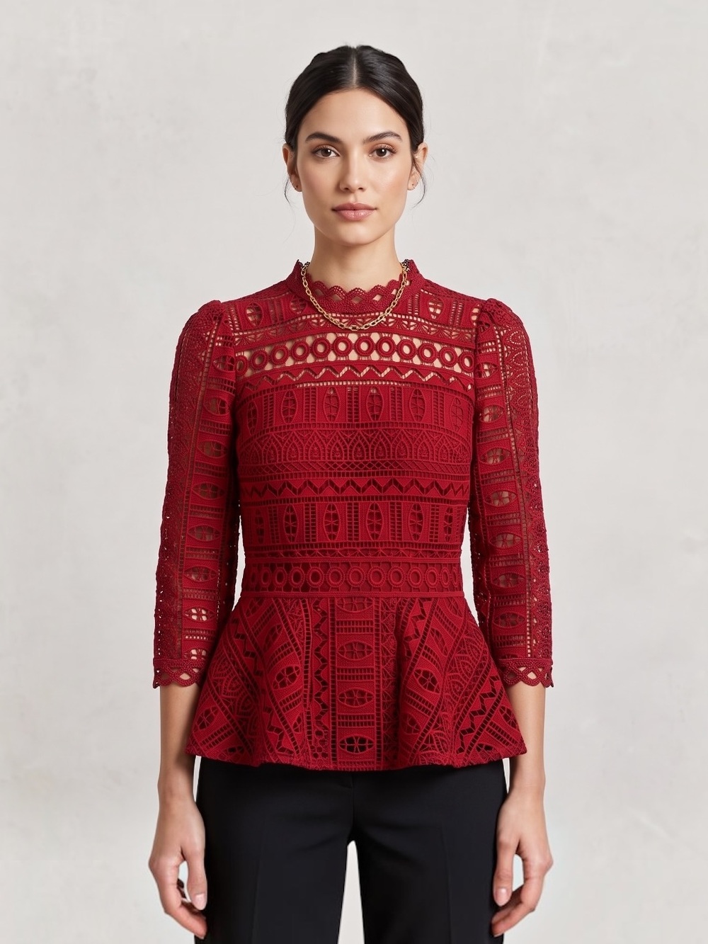 Moulinette Soeurs Tamera Red Lace Peplum Blouse Anthropologie Crimson Top Sz 2